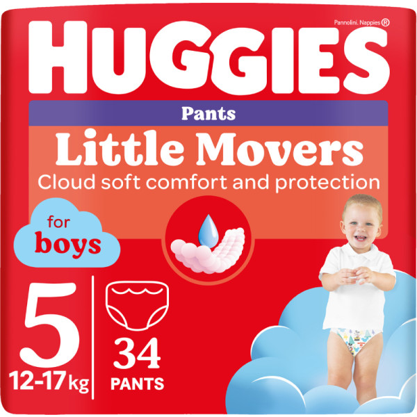 Фото - Одноразові підгузки-трусики Huggies Little Movers Розмір 5 (12-17 кг) для хлопчиків, 34 шт. (5029053564289)