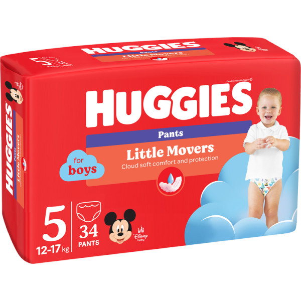 Фото - Одноразові підгузки-трусики Huggies Little Movers Розмір 5 (12-17 кг) для хлопчиків, 34 шт. (5029053564289)