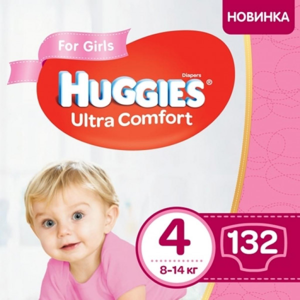Фото - Одноразовые подгузники Huggies Ultra Comfort Размер 4 Mega (8 - 14 кг), UC для девочек 132 шт. (66*2)  (5029054218105)