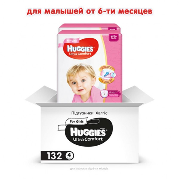Фото - Одноразовые подгузники Huggies Ultra Comfort Размер 4 Mega (8 - 14 кг), UC для девочек 132 шт. (66*2)  (5029054218105)