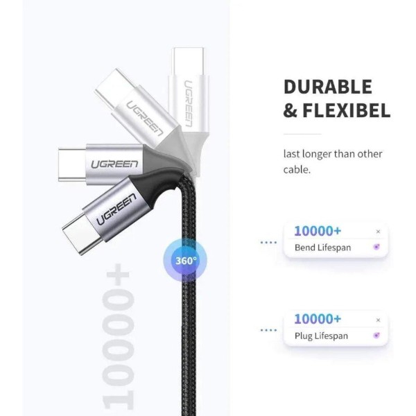 Фото - Кабель UGREEN US261 USB Type-C to USB Type-C 60W Round 0.5m Black/Gray (50149)