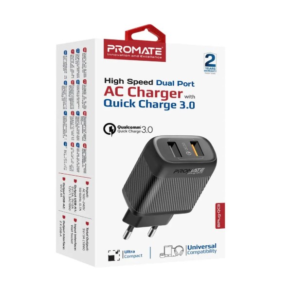 Фото - Мережевий зарядний пристрій Promate biplug-qc3.eu-bk
