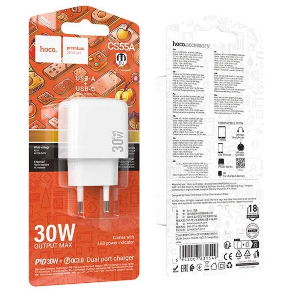 Фото - Мережевий зарядний пристрій HOCO CS55A Surplus PD30W+QC3.0 charger White (6942007631549)