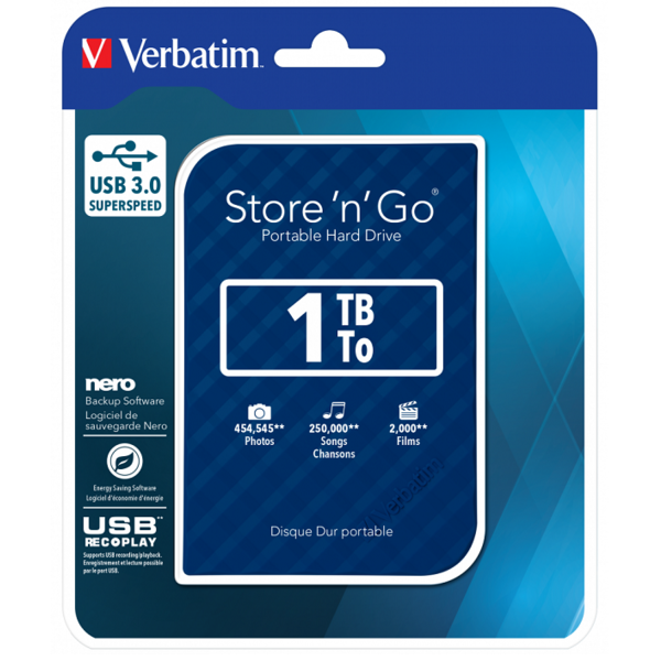 Фото - Жорсткий диск зовнішній Verbatim External 1TB USB 3.0 Blue (53200)