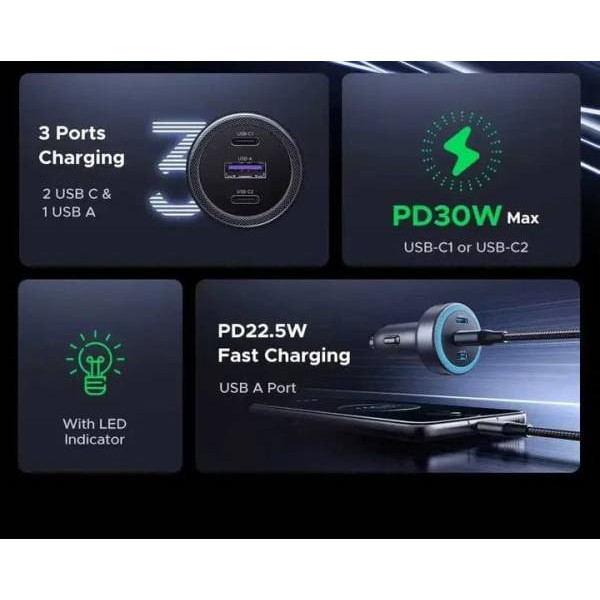 Фото - Автомобільний зарядний пристрій UGREEN EC307 30W 3-Port Fast Car Charger Grey (45843)
