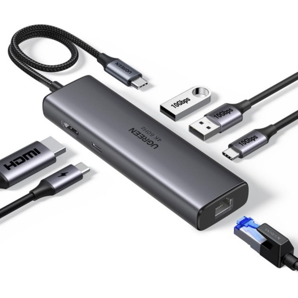 Фото - Хаб USB UGREEN CM512 USB-C to HDMI+2xUSB 3.2+USB-C 3.2+RJ-45+PD Power Converter Gray (45000)