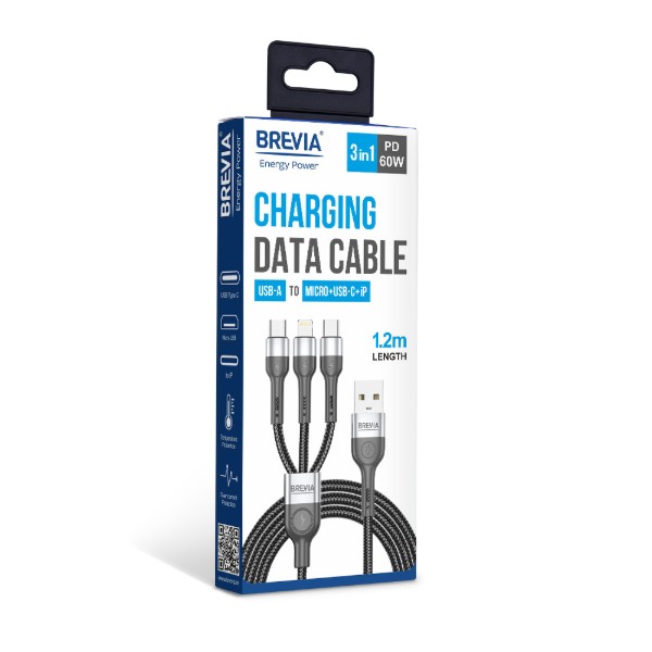 Фото - Кабель Brevia 3in1 USB to Lightning+Micro+Type-C 3A, 1,2m, black (59120BULMCC1)