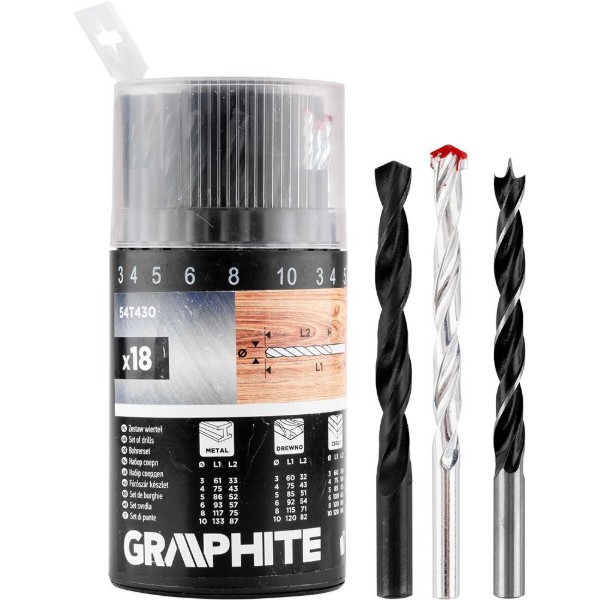 Фото - Набір свердел GRAPHITE 3-6, 8, 10 мм 18 шт. (54T430)