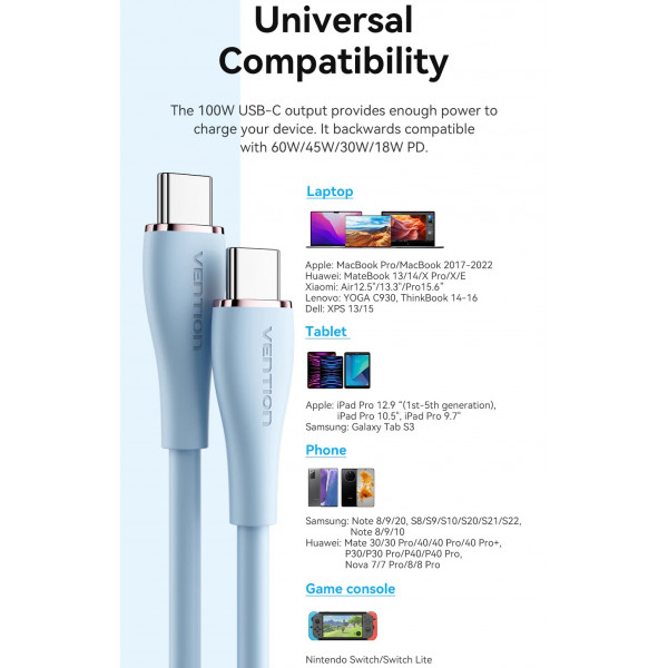 Фото - Кабель синхронізації даних Vention USB 2.0 Type-C M-M, 2.0 м 100W (20V/5A) (TAWGH)