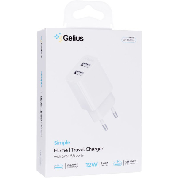 Фото - Мережевий зарядний пристрій Gelius Simple GP-HC059 2USB/2.4A + кабель Lightning White (100447)