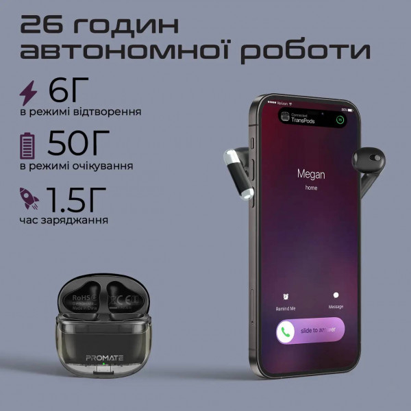 Фото - Навушники вкладиші бездротові TWS Promate transpods.black