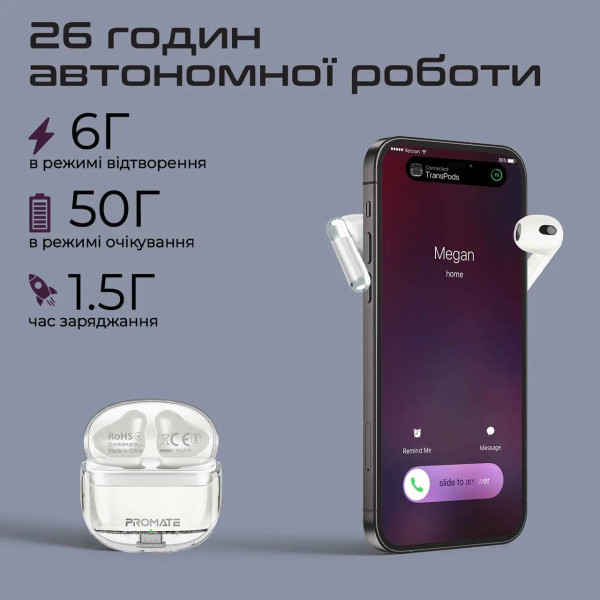 Фото - Навушники вкладиші бездротові TWS Promate transpods.white