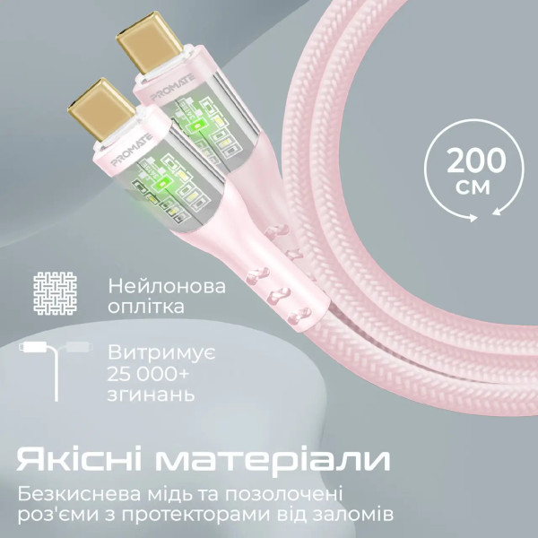 Фото - Кабель синхронізації даних Promate USB Type-C - USB Type-C (transline-cc.pink)