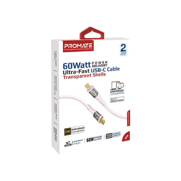 Фото - Кабель синхронізації даних Promate USB Type-C - USB Type-C (transline-cc.pink)