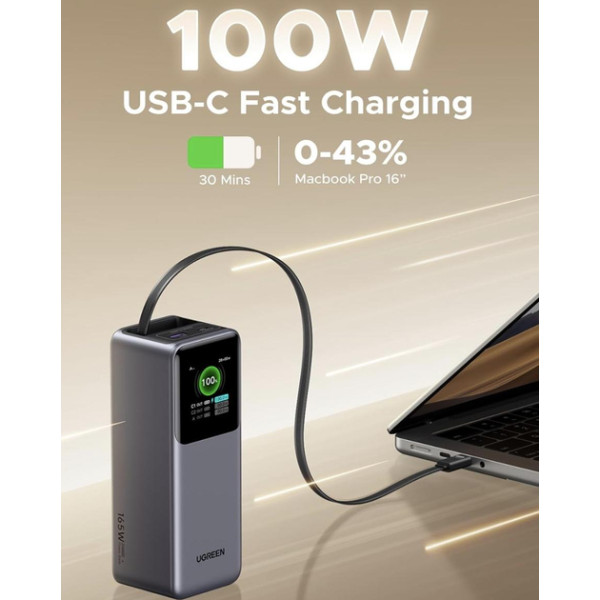 Фото - Батарея мобільна UGREEN 165W 20000 mAh Power Bank with Retractable Cable PB726 Gray (55987B)