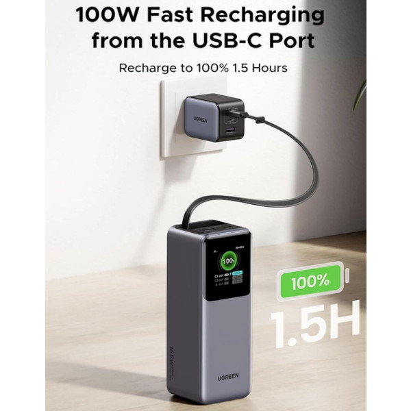 Фото - Батарея мобільна UGREEN 165W 20000 mAh Power Bank with Retractable Cable PB726 Gray (55987B)