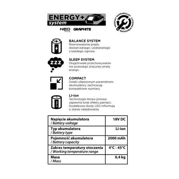 Фото - Аккумулятор для электроинструментов GRAPHITE Energy+ 2А·год 0.4кг (58G001-1)