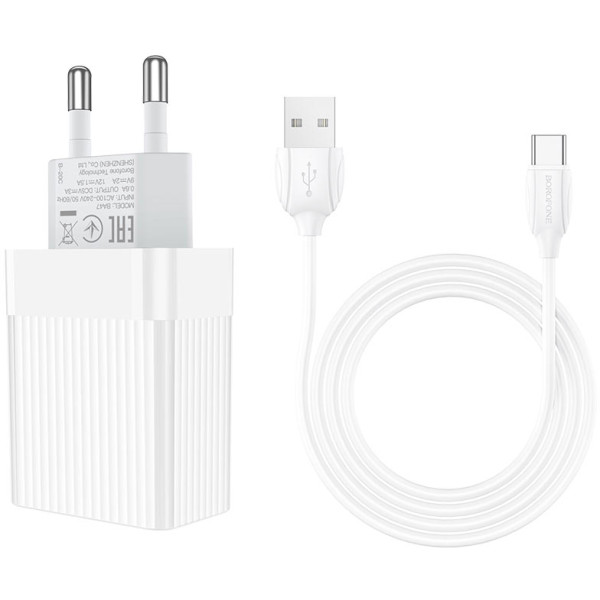 Фото - Мережевий зарядний пристрій BOROFONE BA47A QC3.0 3A + Type-C cable 18W White (6931474728319)