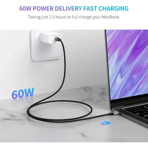 Фото - Кабель UGREEN US261 USB Type-C to USB Type-C 60W Round 0.5m Black/Gray (50149)