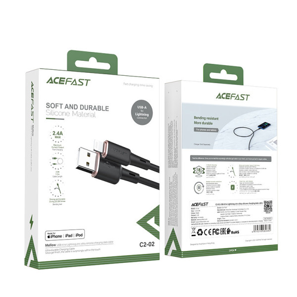 Фото - Кабель AceFast C2-02 USB to iP 2.4A, 1.2m silicone, zinc connectors Black (AFC2-02B)