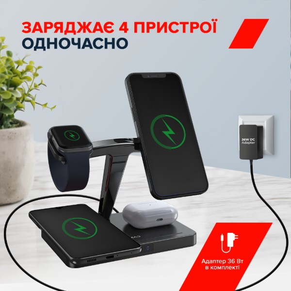 Фото - Бездротовий зарядний пристрій Canyon WS-404 QI 4 in 1 15W Type-C Black (CNS-WCS404)