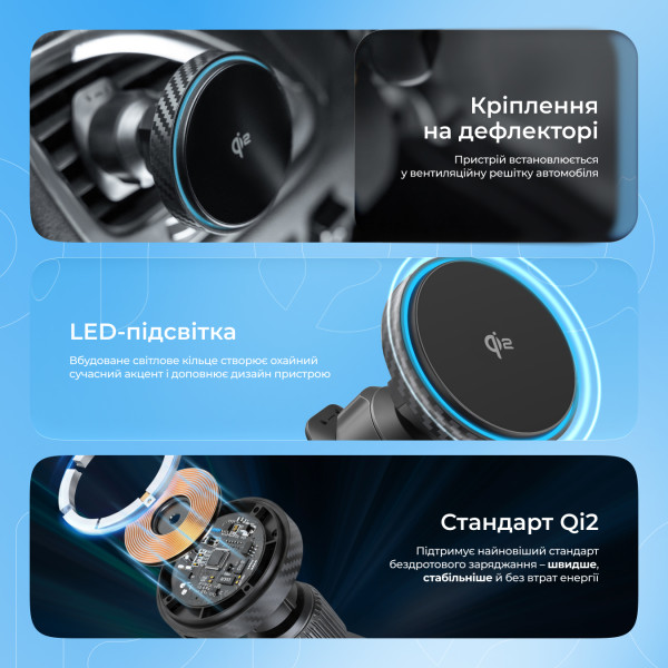 Фото - Автодержатель с беспроводной зарядкой Proove Graphite Circle Qi2 15W Black (WHGC15010001)