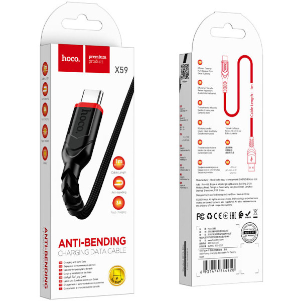 Фото - Кабель синхронізації даних HOCO X59 USB to Type-C 3A, 1m Black (6931474744920)