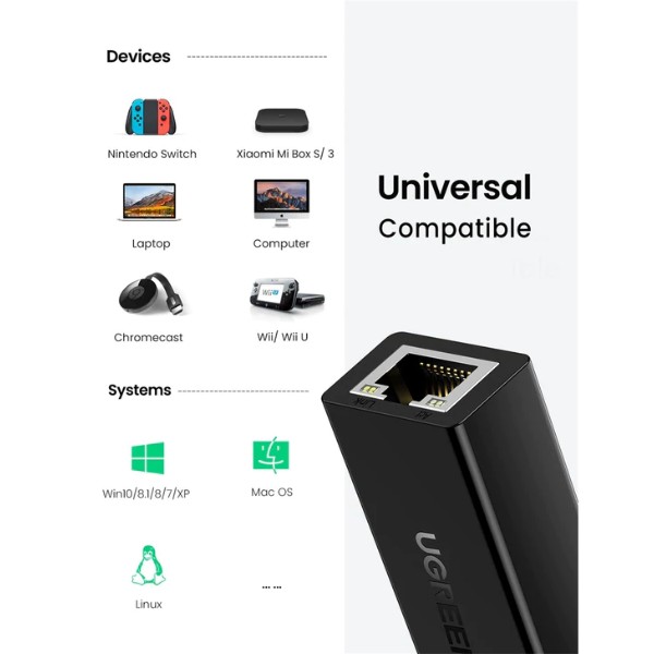 Фото - Переходник USB- RJ-45 UGREEN CR110 USB 2.0-Ethernet RJ45 10/100 Mb Black (20254)