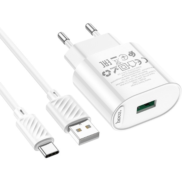 Фото - Сетевое зарядное устройство HOCO C109A Fighter single port QC3.0 charger set Type-C White (6931474784834)