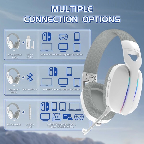 Фото - Гарнітура бездротова ігрова Attack Shark L90 Wireless,2.4GHz/Bluetooth/3.5mm PS4/PS5/Switch/Xbox/Mac/PC White (L90W_AS)