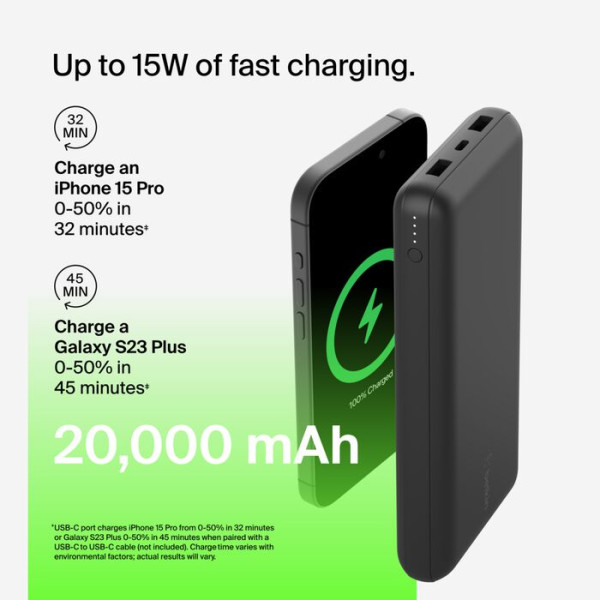 Фото - Батарея мобільна Belkin 20000mAh 15W Dual USB-A USB-C Black (BPB012BTBK)