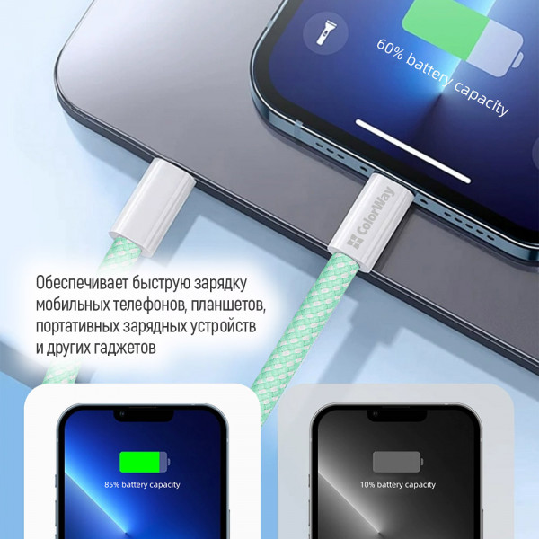 Фото - Кабель Colorway Type-C - Type-C (PD Fast Charging 60W) 3.0А 1м зеленый (CW-CBPDCC061-G)
