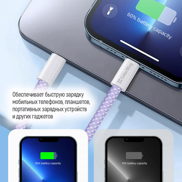 Фото - Кабель Colorway Type-C - Apple Lightning (PD Fast Charging 27W) 1м фіолетовий (CW-CBPDCL061-PU)