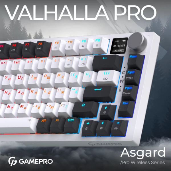Фото - Клавіатура бездротова ігрова GamePro Asgard Valhalla Pro QLAB Sakura Switch Bluetooth/2.4G/USB White With Display (MK160-W-D-QS-PRO)