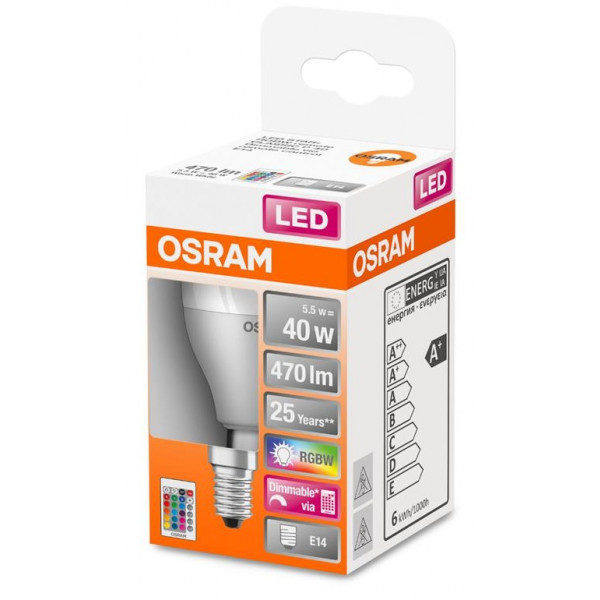 Фото - Лампочка світлодіодна Osram LED Star Е14 5.5-40W 2700K + RGB 220V Р45 пульт ДУ (4058075430877)