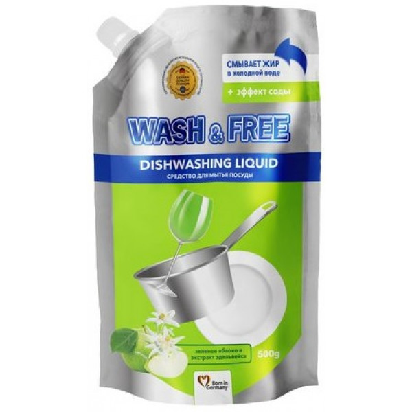 Фото - Засіб для ручного миття посуду WASH & FREE Зелене яблуко та екстракт едельвейса (doypack) 500г Фото - Засіб для ручного миття посуду WASH & FREE Зелене яблуко та екстракт едельвейса (doypack) 500г