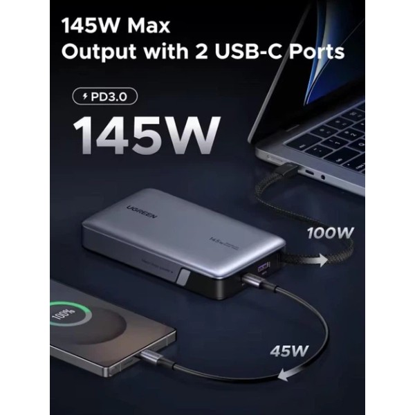 Фото - Батарея мобильная UGREEN 145W 20000 mAh Power Bank with Built-in Cable PB551 Gray (55992B)