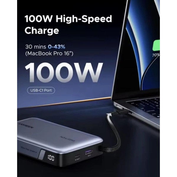 Фото - Батарея мобильная UGREEN 145W 20000 mAh Power Bank with Built-in Cable PB551 Gray (55992B)