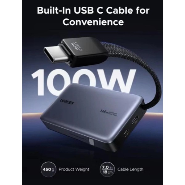 Фото - Батарея мобильная UGREEN 145W 20000 mAh Power Bank with Built-in Cable PB551 Gray (55992B)