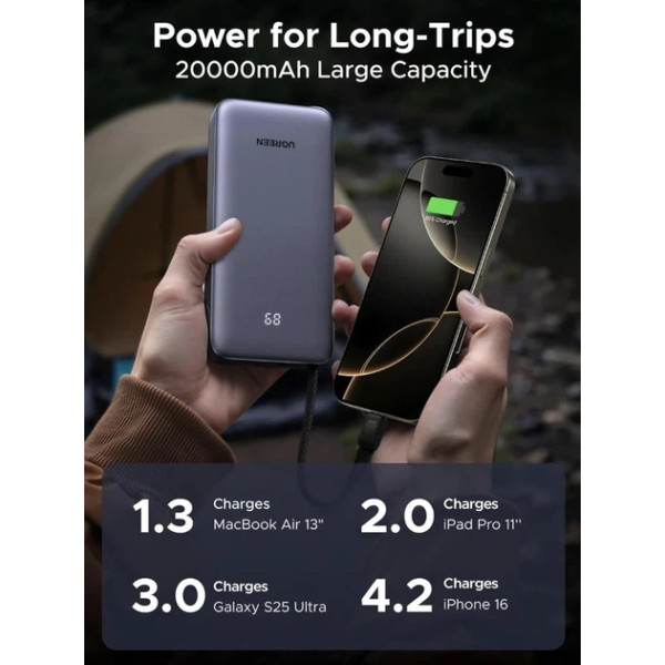 Фото - Батарея мобільна UGREEN 45W 20000 mAh Power Bank with Built-in Cable PB536 Gray (55988B)