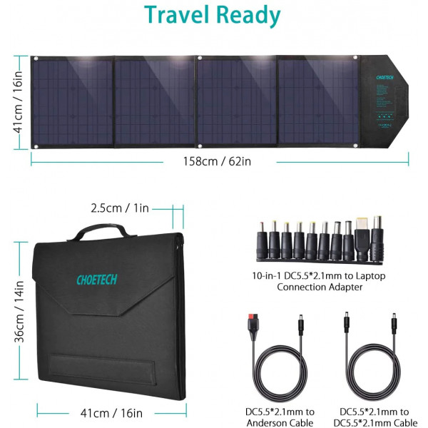 Фото - Портативна сонячна панель Choetech 80W 5V/2.4A USB+5V/2.4A QC3.0 + USB-C PD3.0 (SC007)