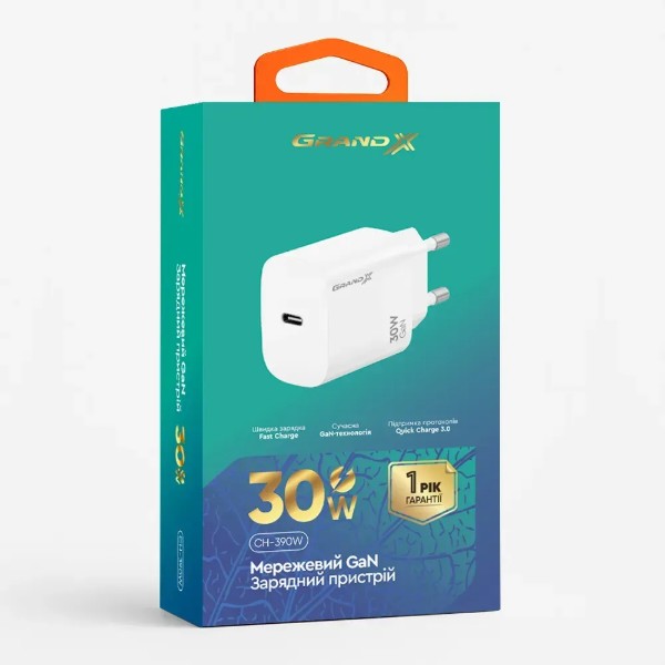 Фото - Сетевое зарядное устройство Grand-X CH-390W 30W Quick Charge QС3.0 (3000001625018)