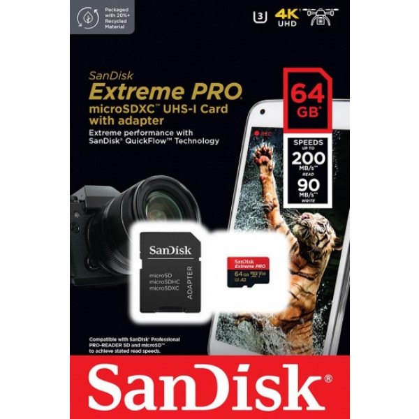 Фото - Карта памяти SanDisk microSD 64GB C10 UHS-I U3 Extreme Pro V30+SD (SDSQXCU-064G-GN6MA)