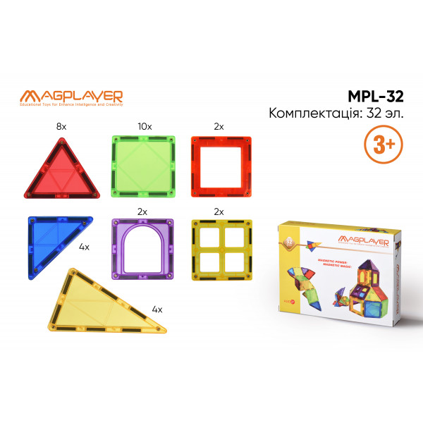 Фото - Магнітний конструктор Magkiss Плитки 32 ел. (MPL-32)