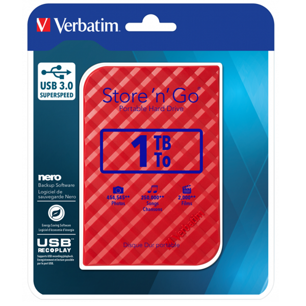 Фото - Жорсткий диск зовнішній Verbatim External 1TB USB 3.0 Red (53203)