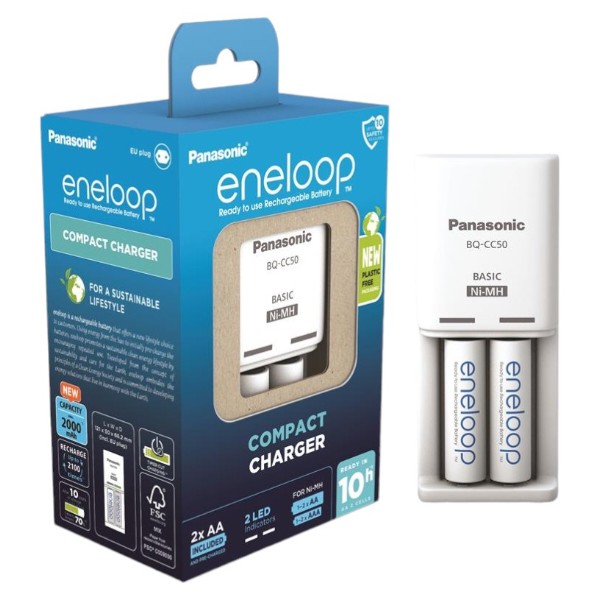 Фото - З/устройство для аккумуляторов AA/AAA Panasonic Compact Charger+Eneloop NI-MH AA 2000 мАг 2 шт. (K-KJ50MCD20E)
