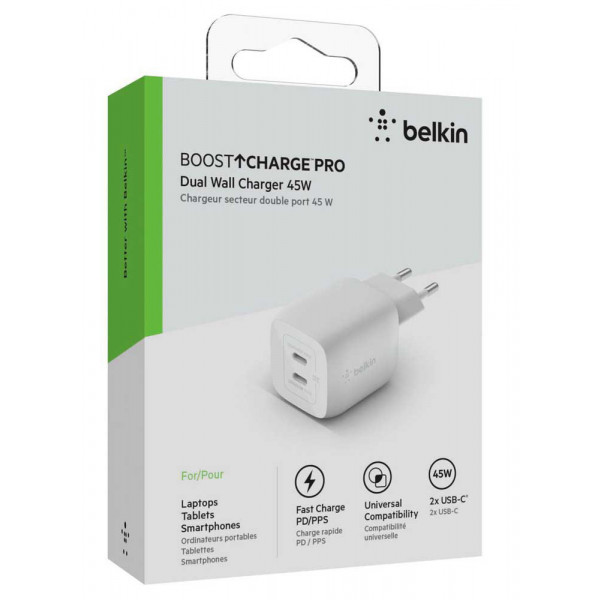 Фото - Сетевое зарядное устройство Belkin Home Charger 45W GAN PD PPS Dual USB-С (WCH011VFWH)