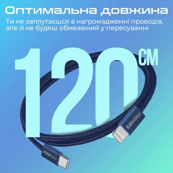 Фото - Кабель синхронізації даних Promate USB Type-C-Lightning (ecoline-ci120.navy)