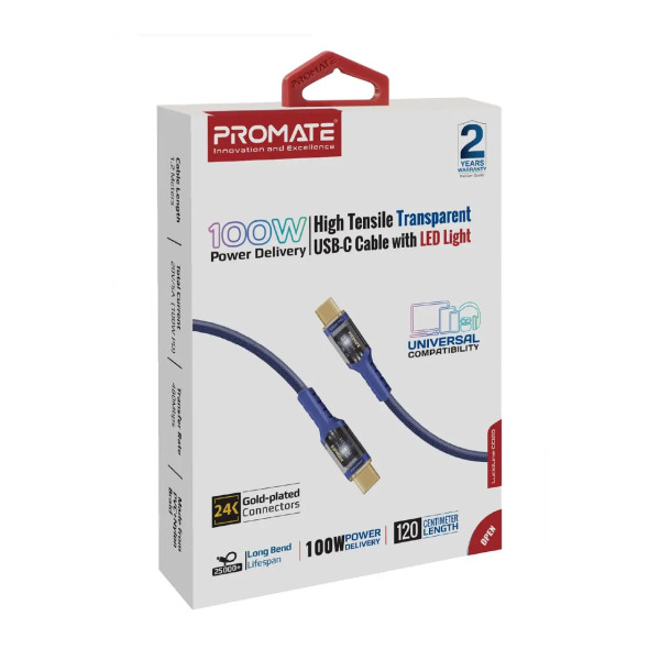 Фото - Кабель синхронізації даних Promate USB Type-C - USB Type-C (lucidline-cc120.navy)