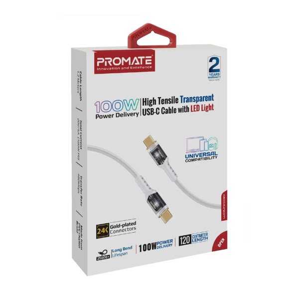 Фото - Кабель синхронізації даних Promate USB Type-C - USB Type-C (lucidline-cc120.white)
